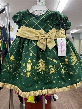 Bonnie Baby Green and Gold Nutcracker Holiday Dress